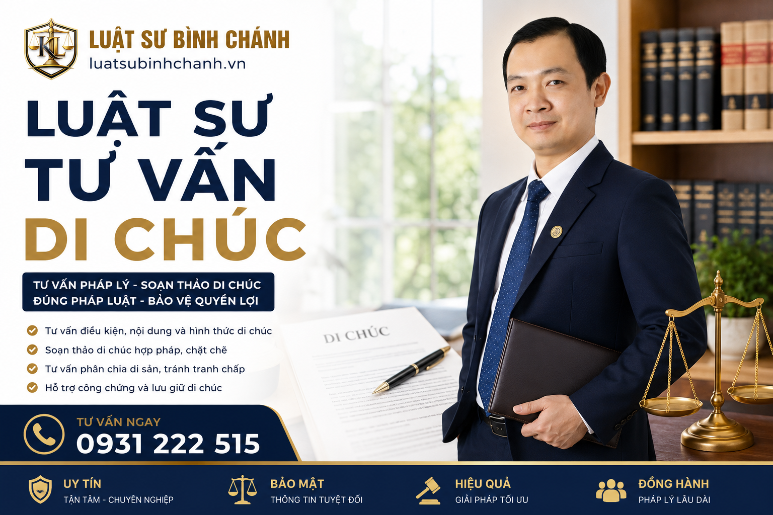 Điều kiện di chúc viết tay có hiệu lực pháp luật ” width=”1536″ height=”1024″ srcset=”https://luatsubinhchanh.vn/wp-content/uploads/2026/05/LS-di-chuc-1.png 1536w, https://luatsubinhchanh.vn/wp-content/uploads/2026/05/LS-di-chuc-1-300×200.png 300w, https://luatsubinhchanh.vn/wp-content/uploads/2026/05/LS-di-chuc-1-1024×683.png 1024w, https://luatsubinhchanh.vn/wp-content/uploads/2026/05/LS-di-chuc-1-768×512.png 768w” sizes=”(max-width: 1536px) 100vw, 1536px” /></p><h2>4. Giải pháp lập di chúc an toàn và lời khuyên từ Luật sư Bình Chánh</h2><p>Để đảm bảo bản di chúc viết tay của bạn có đầy đủ các <strong>điều kiện di chúc viết tay có hiệu lực pháp luật</strong> và tránh những rủi ro pháp lý sau này, Luật sư Bình Chánh khuyên bạn nên thực hiện các bước sau:</p><ul><li><strong>Rõ ràng và cụ thể:</strong> Luôn ghi rõ ràng, cụ thể các thông tin về người lập di chúc, người thừa kế, và đặc biệt là tài sản thừa kế (số thửa đất, địa chỉ, ngân hàng, số tài khoản,…) để tránh mọi sự nhầm lẫn.</li><li><strong>Đảm bảo tính liên tục và nguyên vẹn:</strong> Nếu di chúc có nhiều trang, hãy đánh số trang, ký hoặc điểm chỉ vào cuối mỗi trang để đảm bảo không bị thêm, bớt hoặc thay đổi nội dung. Tránh tuyệt đối việc tẩy xóa, sửa chữa. Nếu cần sửa, hãy lập bản di chúc mới hoặc ghi rõ việc sửa đổi và ký xác nhận.</li><li><strong>Lưu giữ bản gốc cẩn thận:</strong> Bản gốc di chúc là quan trọng nhất. Hãy lưu giữ ở nơi an toàn, và thông báo cho những người liên quan đáng tin cậy về sự tồn tại của nó.</li></ul><p>Mặc dù pháp luật công nhận giá trị của di chúc viết tay, nhưng việc công chứng hoặc chứng thực di chúc giúp tăng cường tính hợp pháp và giảm thiểu rủi ro tranh chấp. Nghiêm trọng hơn, việc cập nhật Điều 635 Bộ luật Dân sự 2015 cũng như Nghị định 280/2025 về thuận tiện chứng thực di chúc không phụ thuộc nơi cư trú mang lại nhiều thuận lợi hơn. Hãy liên hệ với Luật sư Bình Chánh qua số 0931 222 515 hoặc website <a href=